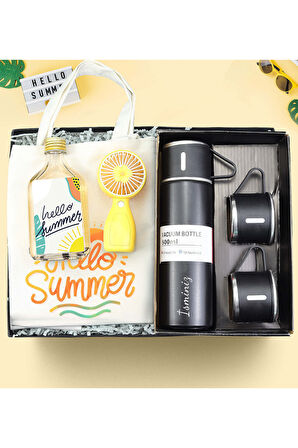 Kişiye Özel 3 Bardak Termos & Kolonya & El Fanı & Bez Çanta Yaz Hediye Seti