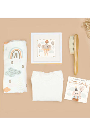 Müslin Bez Örtü & Zıbın & Bebek Saç Fırçası Premium Yenidoğan Hediye Seti