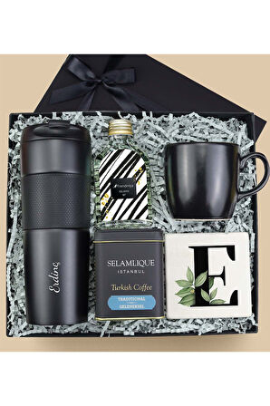 Kişiye Özel French Press Termos & Kolonya & Kupa & Selamlıque Türk Kahvesi Hediye Seti