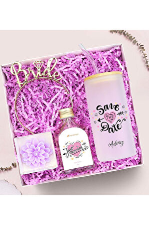 Kişiye Özel Cam Bardak & Bride Taç & Kolonya & Lotus Mum Bride Hediye Seti