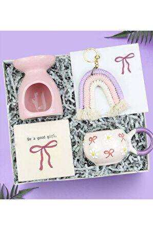 % 100 El Yapımı Kupa & Taş Bardak Altlığı & Gökkuşağı Anahtarlık & Buhurdanlık Hediye Seti