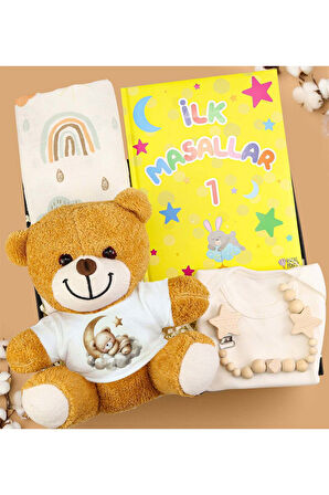 İlk Masallar Çocuk Kitabı & Zıbın & Pelüş Ayıcık & Emzik Tutucu Yenidoğan Hediye Seti