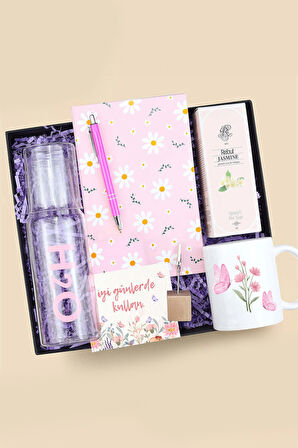 Defter & Kupa & Kolonya & Kalem & H2o Cam Başucu Sürahisi & Not Tutucu Hediye Seti