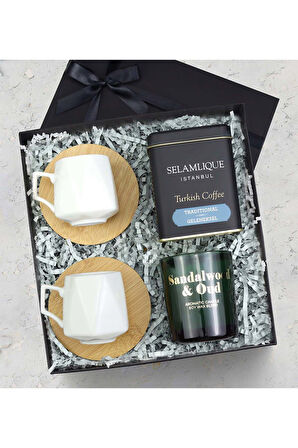 2 li Bambu Tabaklı Porselen Fincan & Selamlıque Türk Kahvesi & Mum Hediye Seti