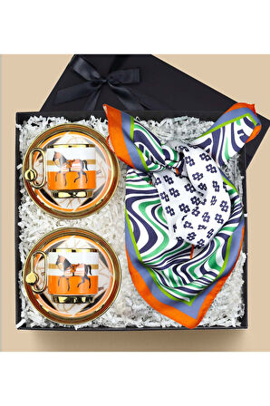 2 li Porselen Fincan & Tasarım Fular Hediye Seti