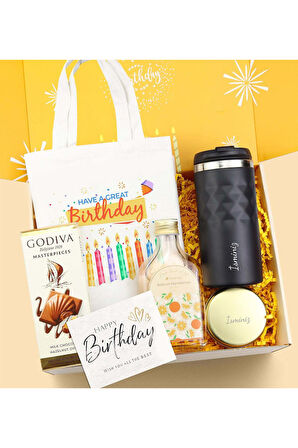 Kişiye Özel Termos & Mum & Kolonya & Godiva Çikolata Doğum Günü Hediye Seti
