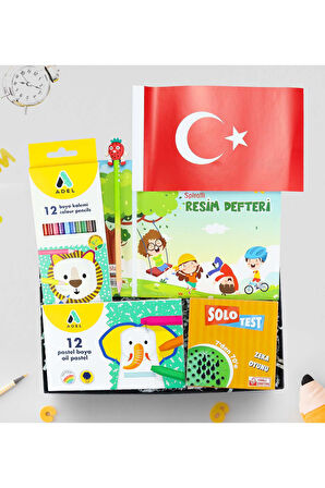 Resim Defteri & Boya Kalemi & Pastel Boya & Solo Test & Figürlü Kurşun Kalem & Bayrak Hediye Seti