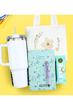 Pipetli Termos & Kalem & Kalem & Bez Çanta & Latte Okula Dönüş Hediye Seti