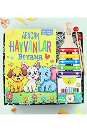 Ksilofon Müzik Aleti & Boyama Kitabı & Adel 12'li Boya Kalemi Hediye Seti