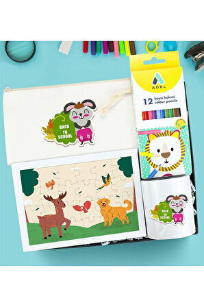 Baskılı Puzzle & Kuru Boya & Kalemlik Okula Dönüş hediye Seti