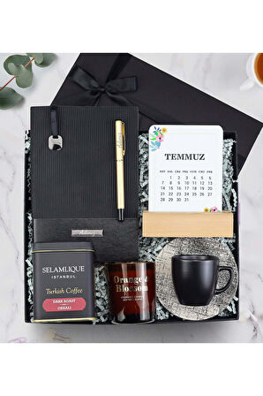 Esnek Kapak Defter & Gold Kalem & Takvim & Mum & Selamlıque & Fincan Hediye Seti