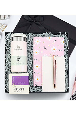 Termos & Defter & Dikişli Mini Not Defteri & Tükenmez Kalem & Melodi Çikolata Hediye Seti