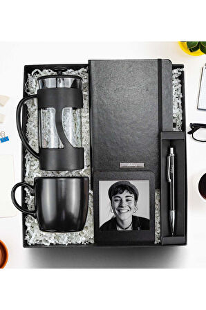 French Press & Defter & Kalem & Çerçeve & Kupa Hediye Seti