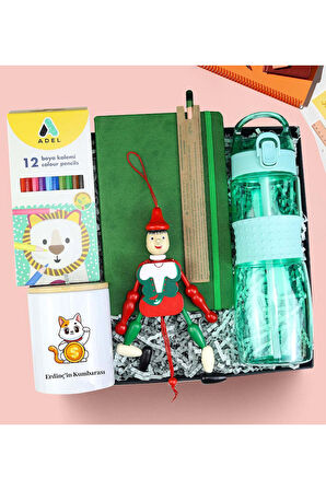 Kişiye Özel Defter & Kalem & Kumbara & Matara & Kuru Boya & Kukla Hediye Seti