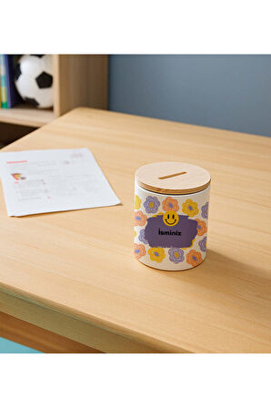 Gülen Yüz Çim Adam & Baskılı Ahşap Kapaklı Kumbara Mini Hediye