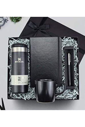 0,47 Termos & Defter & Siyah Touch Roller Kalem & Siyah Kupa Hediye Seti