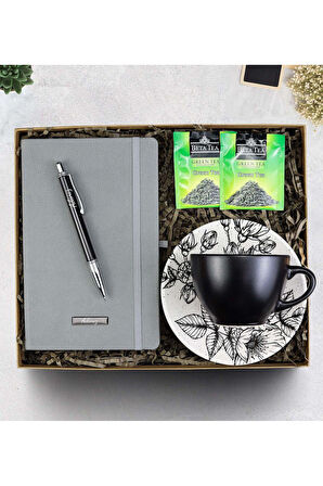 Gri Defter & Siyah Tükenmez Kalem & Siyah Çay Ve Kahve Fincanı & 2'li Yeşil Çay Hediye Seti