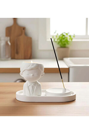 Dekoratif Standlı Alçı Erkek Biblo & Tütsülük Seti