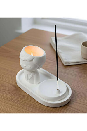 Dekoratif Standlı Alçı Erkek Biblo & Tütsülük Seti