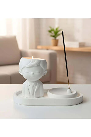 Dekoratif Standlı Alçı Erkek Biblo & Tütsülük Seti