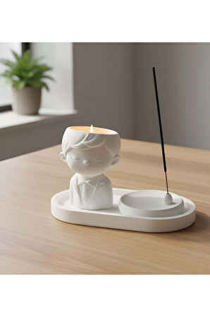 Dekoratif Standlı Alçı Erkek Biblo & Tütsülük Seti