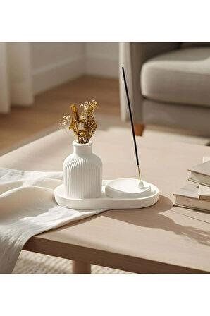 Dekoratif Standlı Alçı Vazo Biblo & Tütsülük Seti