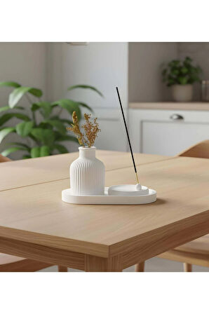 Dekoratif Standlı Alçı Vazo Biblo & Tütsülük Seti