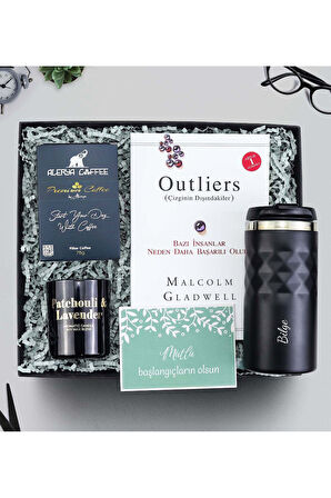 Outliers Kitap & Kristal Termos & Alerya Premium Filtre Kahve & Rakle Lacivert Mum Hediye Seti