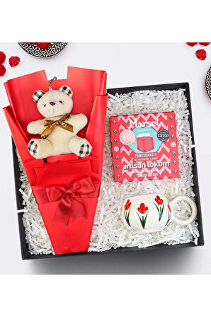 Tekli Ayıcık Buketi & Marsel Lokum & El Yapımı Kupa Hediye Seti
