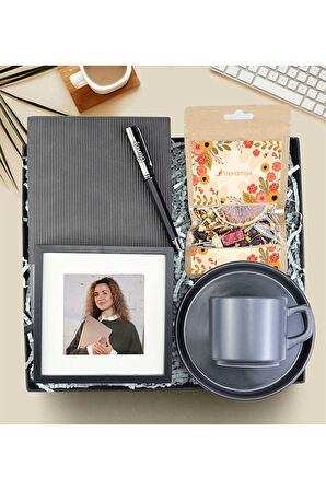 Defter & Kalem & Bitki Çayı & Çerçeve & Gri Double Fincan Hediye Seti