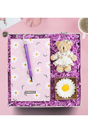Papatya Defter & Mor Tükenmez Kalem & Ayıcık Anahtarlık & Papatya Mum Hediye Seti