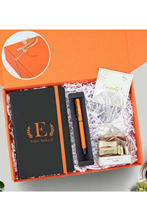 Baskılı Defter & Turuncu Roller Kalem & Premium Çikolata Hediye Seti