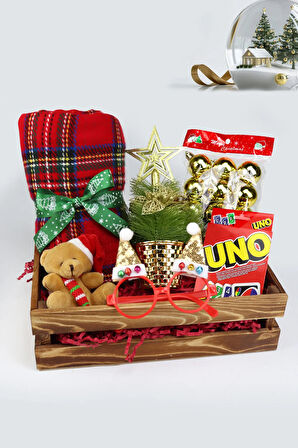 Ekose Şal & Mini Ayıcık & Yılbaşı Gözlüğü & UNO & Yılbaşı Süsü &  Yılbaşı Ağacı Hediye Seti