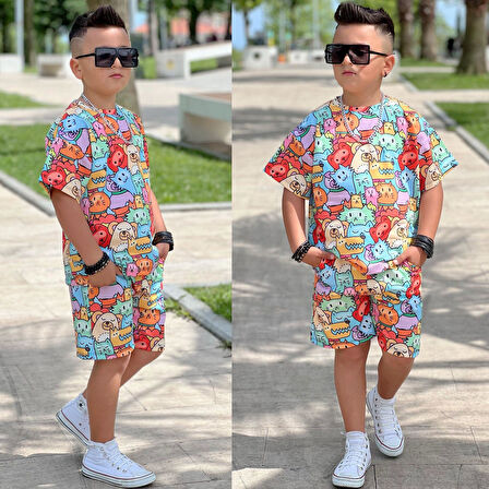 Erkek Çocuk Oversize Baskılı Şortlu Takım
