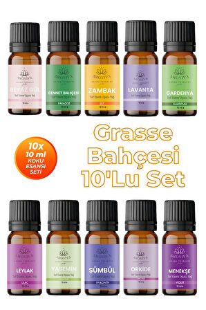 Grasse Bahçesi Esansiyel Uçucu Koku Yağı Buhurdanlık Yağı Difüzör Esansı 10'Lu Set 10x10ml Grasse Bahçesi Esansiyel Uçucu Koku Yağı Buhurdanlık Yağı Difüzör Esansı 10'Lu Set 10x10ml