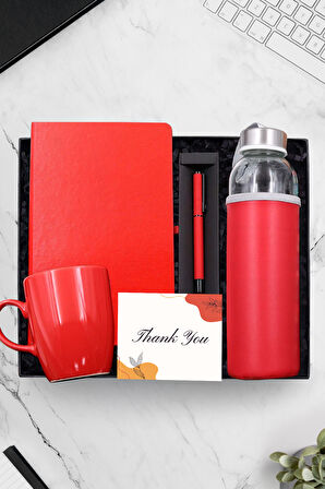 Kırmızı Defter & Kırmızı Mat Roller Kalem & Kırmızı Kupa & 500 Ml Kırmızı Su Matarası Hediye Seti