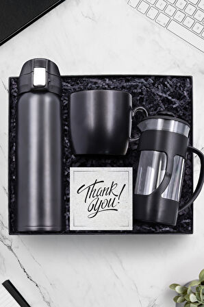 500 ML Siyah Kilitli Çelik Termos & Siyah French Press & Siyah Kupa Hediye Seti