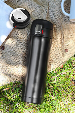 500 ML Siyah Kilitli Çelik Termos & Siyah French Press & Siyah Kupa Hediye Seti