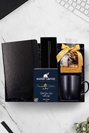 Siyah Defter & Siyah Kalem & Siyah Kupa & Alerya Premium Filtre Kahve & Godiva Çikolata Hediye Seti