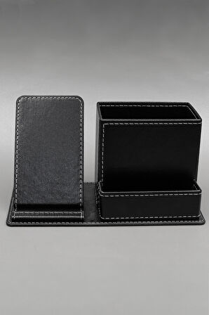 Siyah Defter & Gümüş Detaylı Roller Kalem & Masaüstü Telefonlu Kalemlik Hediye Seti