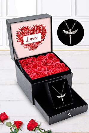Çekmeceli Gül Kutusu & Gümüş Renk Melek Kolye Hediye Seti