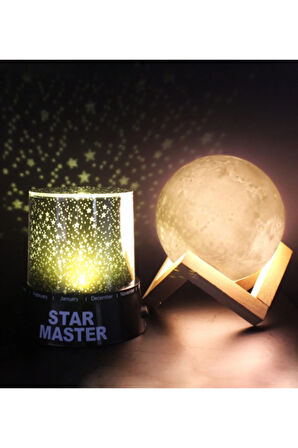 Yıldız Yansımalı Gece Lambası & 3D Ay Şeklinde Dekoratif Gece Lambası Hediye Seti