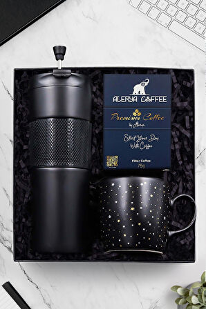 Siyah French Press Çelik Termos Yıldız Desenli Kupa & Premium Filtre Kahve Hediye Seti