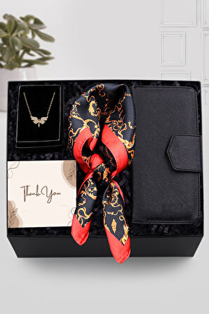 Gold Renk Melek Kolye & Siyah Kadın Cüzdan & Siyah Kırmızı Fular Hediye Seti