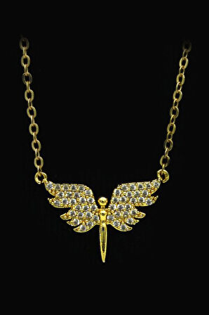 Gold Renk Melek Kolye & Siyah Kadın Cüzdan & Siyah Kırmızı Fular Hediye Seti