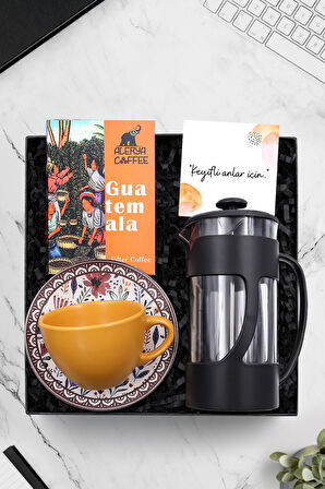 Turuncu Fincan & Siyah French Press & Guatemala Filtre Kahve Hediye Seti