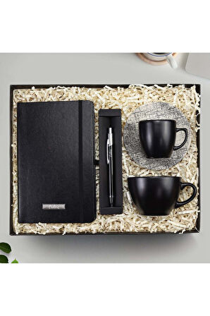 Kişiye Özel Siyah Defter & Siyah Mat Fincan & Siyah Tükenmez Kalem & Siyah Çay Fincanı Hediye Seti