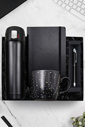 500 ML Siyah Kilitli Termos-Yıldız Desenli Kupa-Siyah Defter-Gümüş Detaylı Roller Kalem Hediye Seti