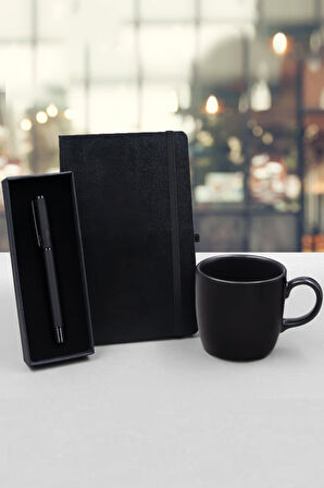 Siyah Defter & Siyah Mat Roller Kalem & Siyah Mat Kupa Hediye Seti