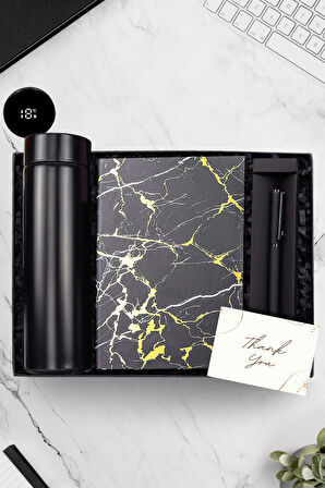 Dereceli Siyah Termos  Siyah Mermer Desen Defter Siyah Roller Kalem Hediye Seti